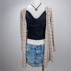 Vintage Hooded Knit Cardigan -‎ Longline Boho Y2K Striped Sweater - Women's S